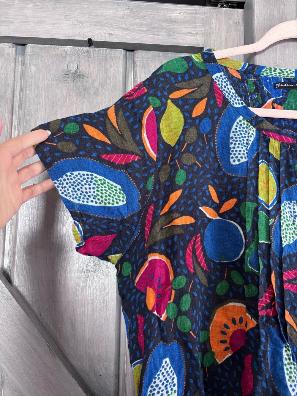 Gudrun Sjoden 100% Linen Blue Black Colorful Fruit Dress lagenlook Size Large - Picture 5 of 11